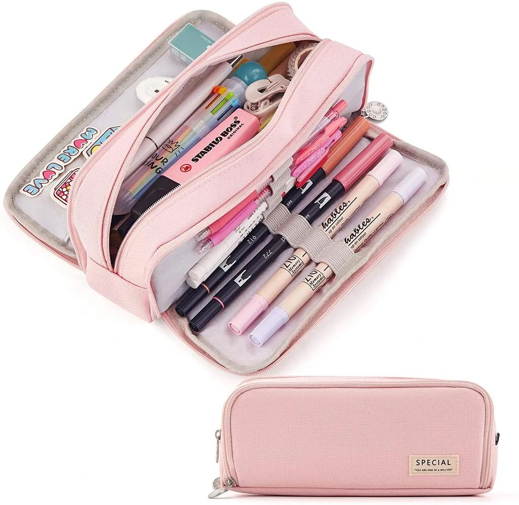 Kawaii Large Capacity Pencil Case 3 Compartment Pouch Pen Bag Double Side Opening Student Stationery Organizer School Supplies