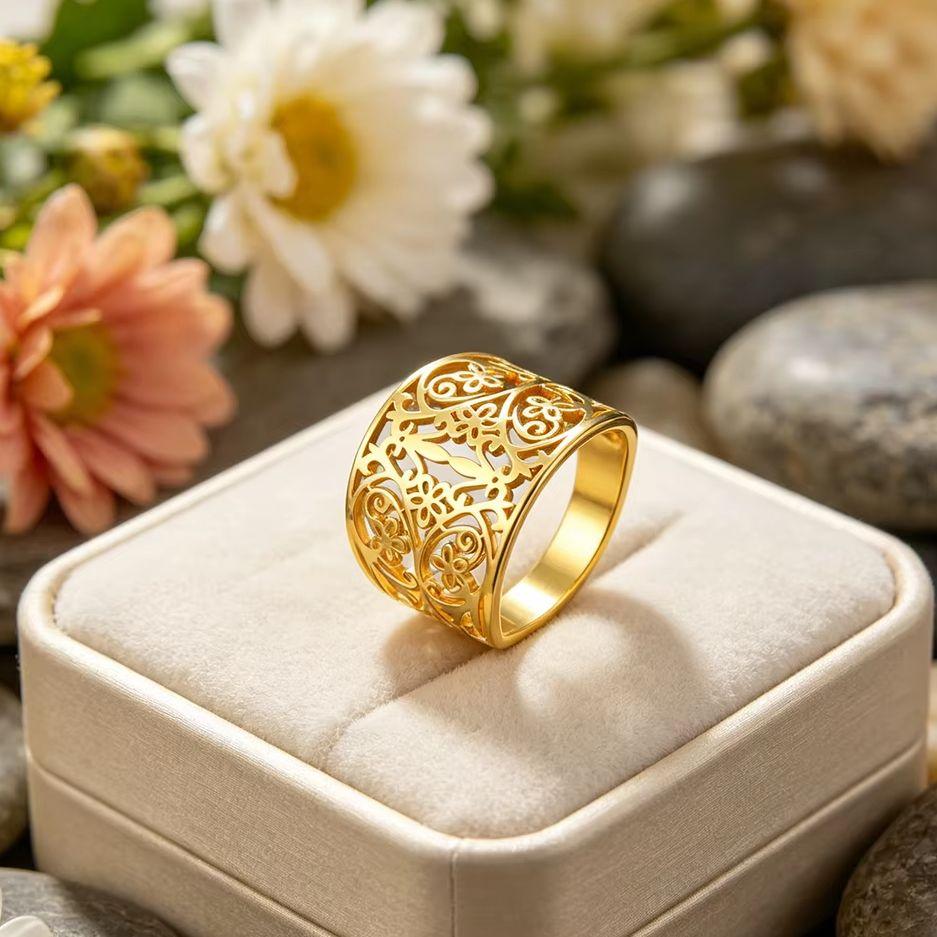 Lucktune Filigree Flower Rings Stainless Steel Women's Finger Rings Lucky Gold Flower of Life Jewelry Party Birthday Gifts