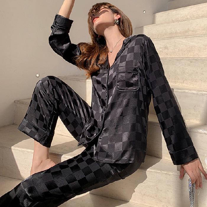 Lace Long Sleeve Black Cardigan Pajamas for Women – Sweet and Loose Spring/Autumn Homewear with Long Pants
