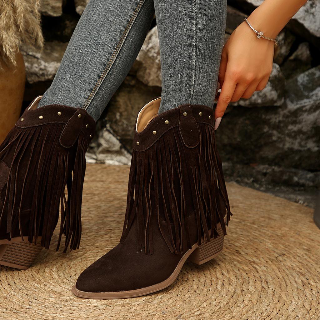 New Style Luxury Women's Brand Design Tassel Western Stray Boot Women Pointed Toe Mid Calf Riding Boots Metal Decoration Booties