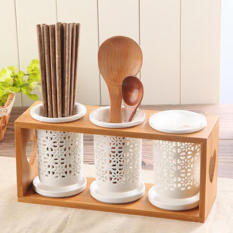 Qianxing Ceramic 3-Compartment Drainable Chopstick Holder