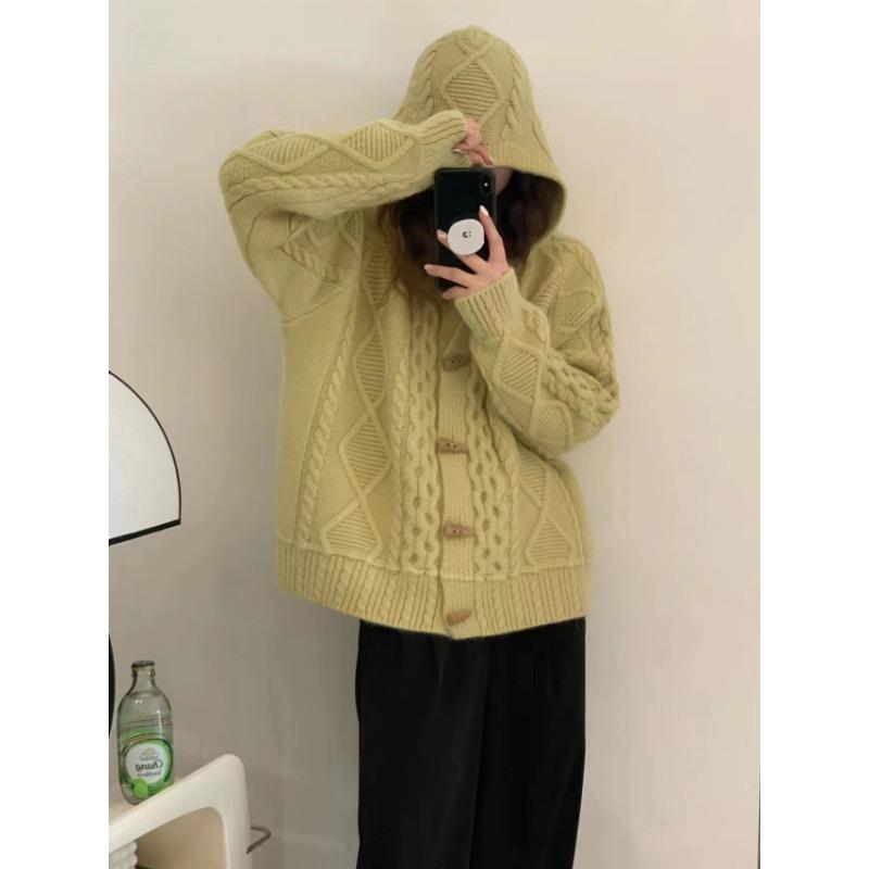Vintage horn buckle hooded sweater jacket cardigan women's thickened autumn and winter loose lazy wind knitted sweater top