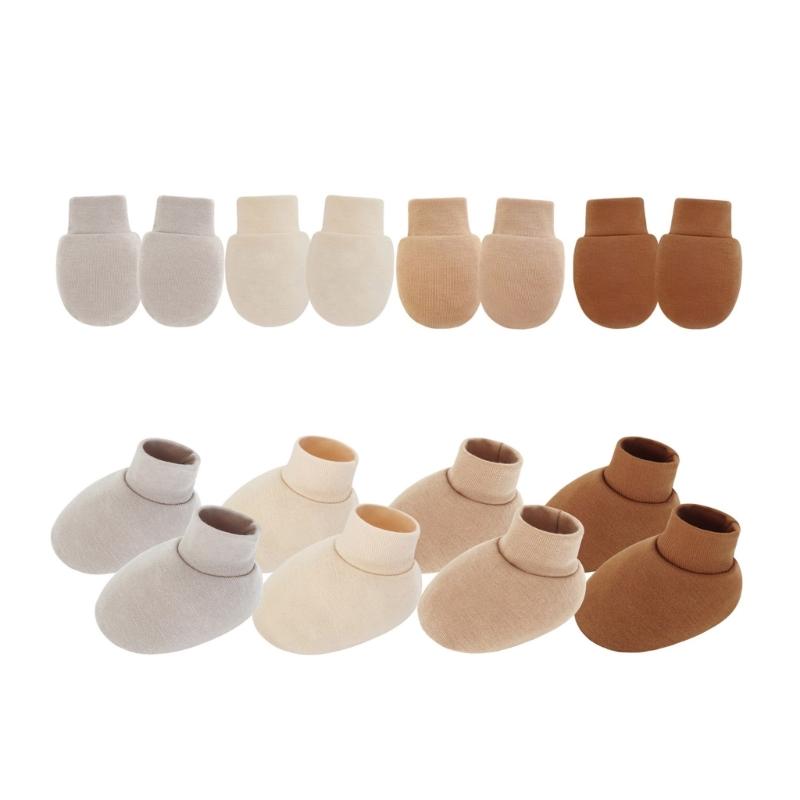 Set of 4 Cotton Infant Anti Scratch Mittens with Elastic Cuffs Feature Soft Breathable Socks & Gloves for Newborns