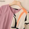 ZANZEA Women Casual V-Neck Short Sleeve Loose Print Patchwork Dress