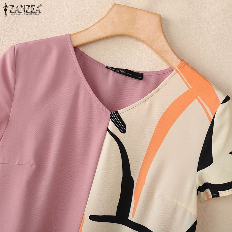 ZANZEA Women Casual V-Neck Short Sleeve Loose Print Patchwork Dress