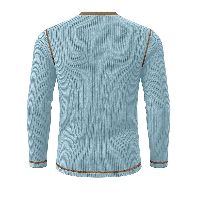 Men's Henry Neck Knit Long Sleeve T-Shirts Color Block Ribbed Casual Slim Fit Pullover Tops Autumn Winter Thermal Undershirts Men