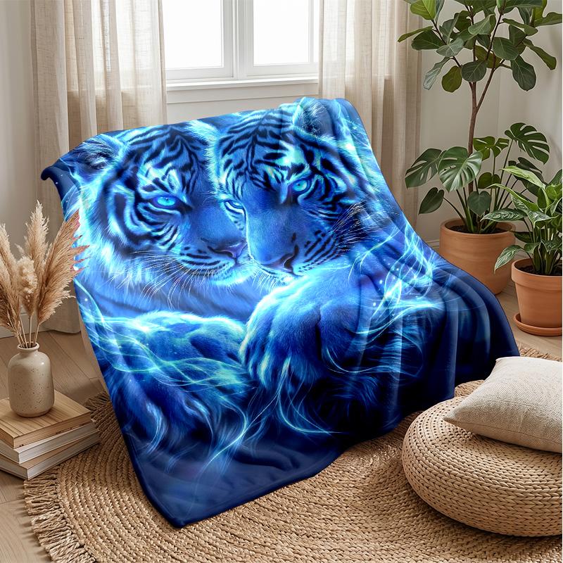 Blue Tiger Ocean Wave Blanket Personalized Name Flannel Blanket Soft Cozy Plush Throw for Sofa Bed Lightweight Home Decor