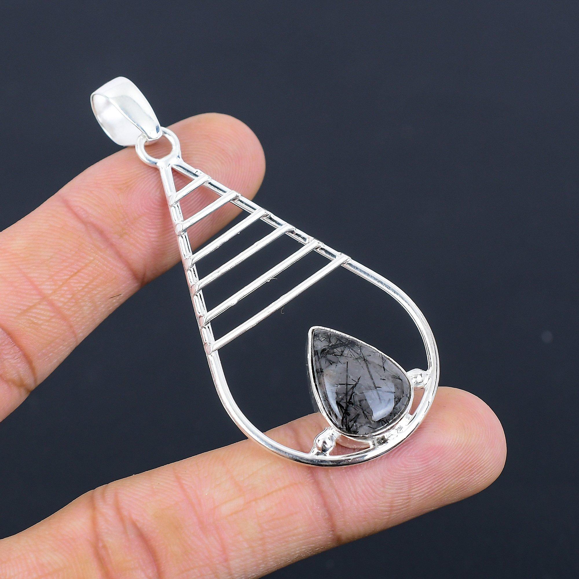 

Pear Black Rutile Stone Sterling Silver Bezel Anniversary Art Deco Wife Pendant