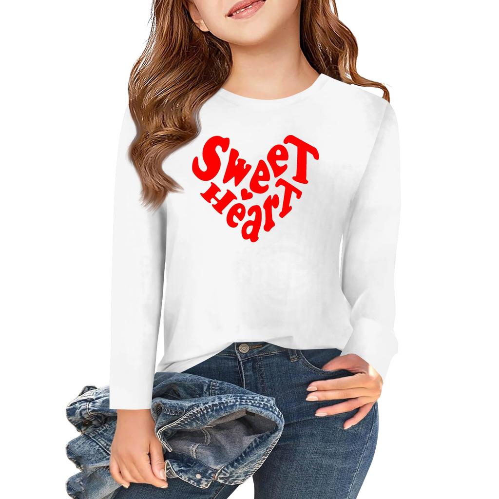 Långärmade T-shirts för flickor med kärlek och alla hjärtans dag-motiv, hösttoppar, rund hals, enkla T-shirts för barn, 5-14 år