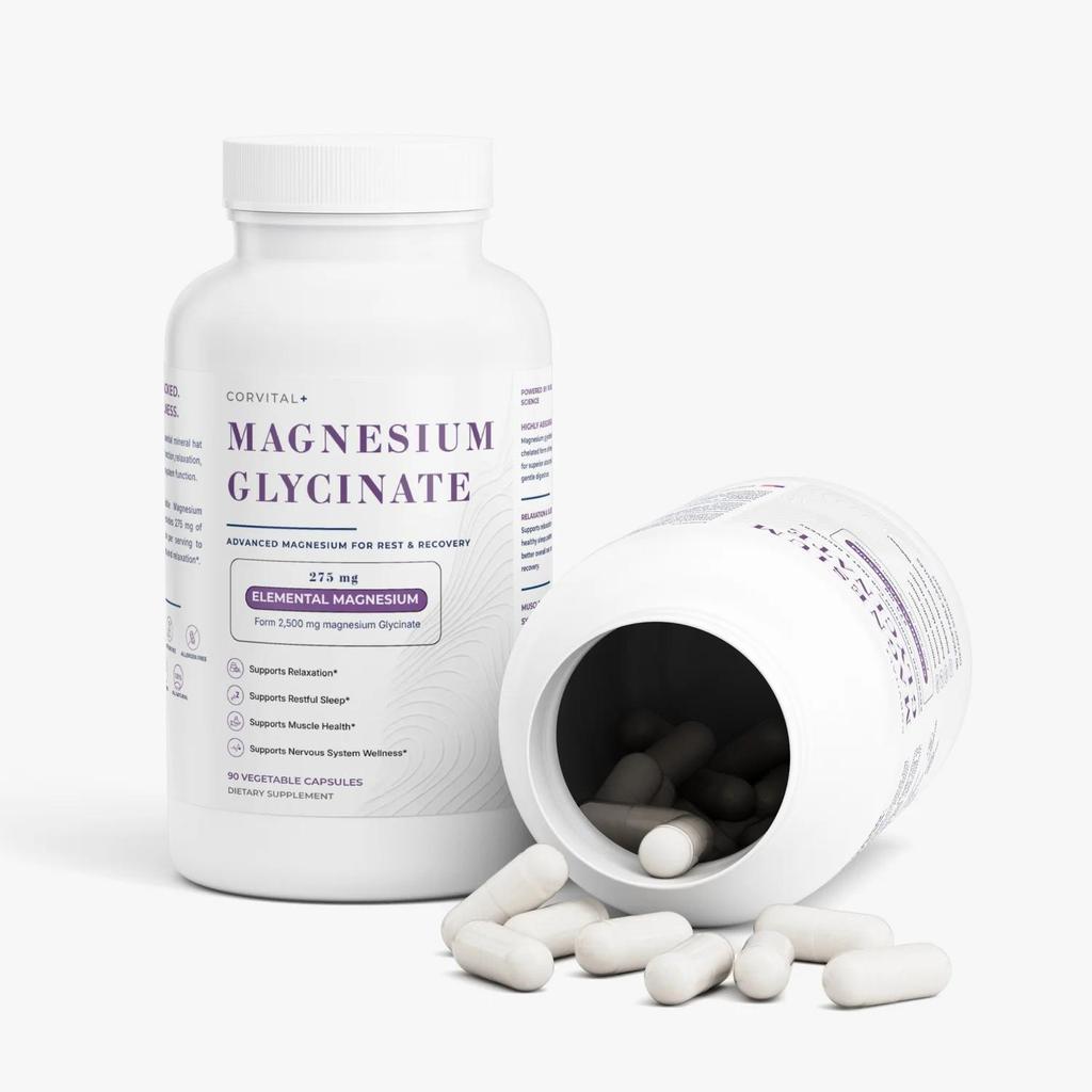 Corvital+ Capsule di Glicinato di Magnesio 275mg Magnesio Elementare Alto Assorbimento Supplemento Chelato per Sonno e Rilassamento Muscolare 90 Capsule