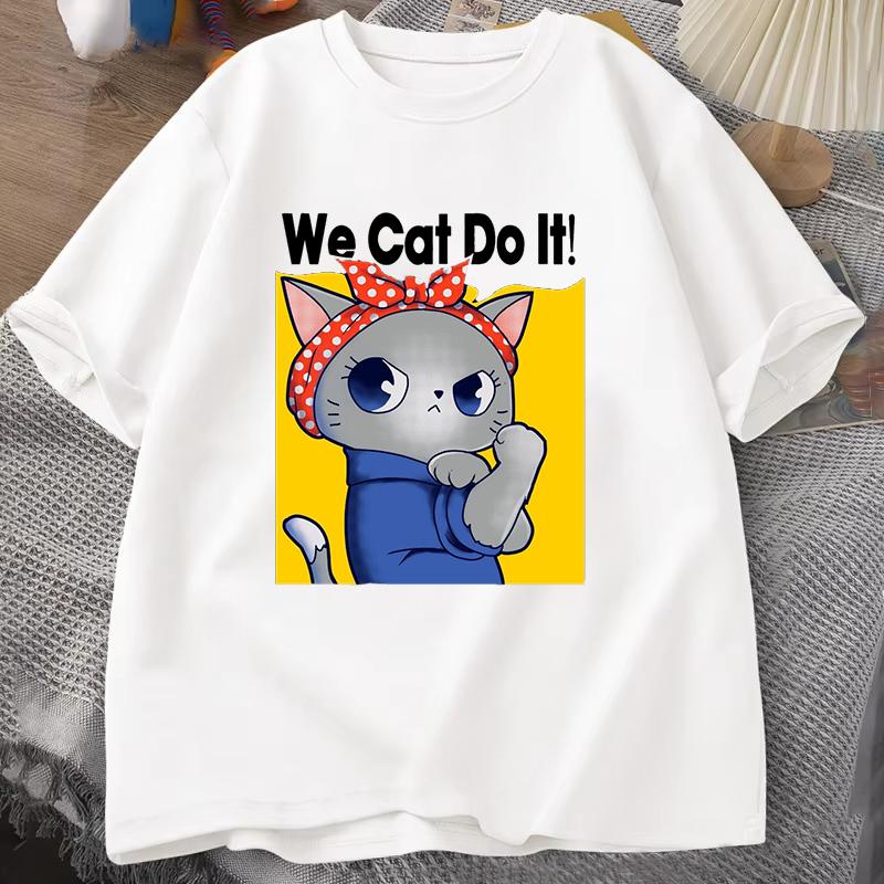 We Cat Dot It Printed Women Men Summer Short Sleeve Cat Tee Shirts Round Neck Casual Summer Unisex Tops