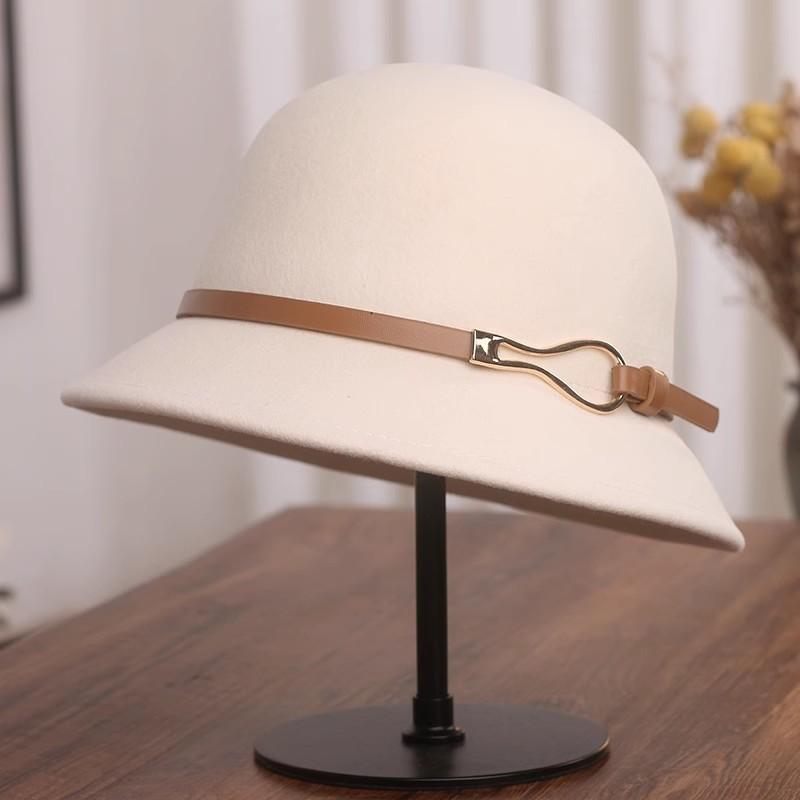 Hat female autumn and winter small edge belt buckle woolen bucket hat French retro top hat Hepburn style washbasin hat