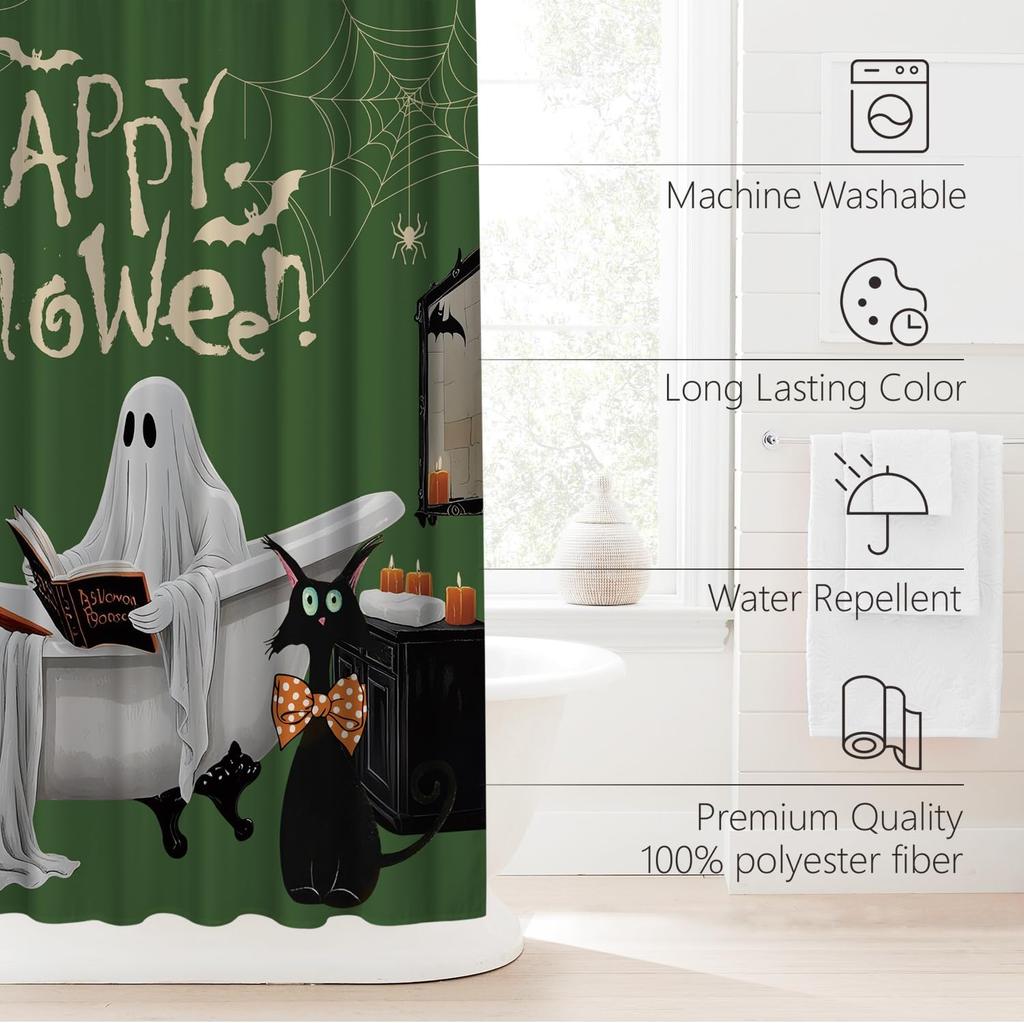 Cute Ghost Halloween Shower Curtain with Black Cat Pumpkin Boho Floral Pattern, Waterproof Heavy Duty Washable Bathroom Decor