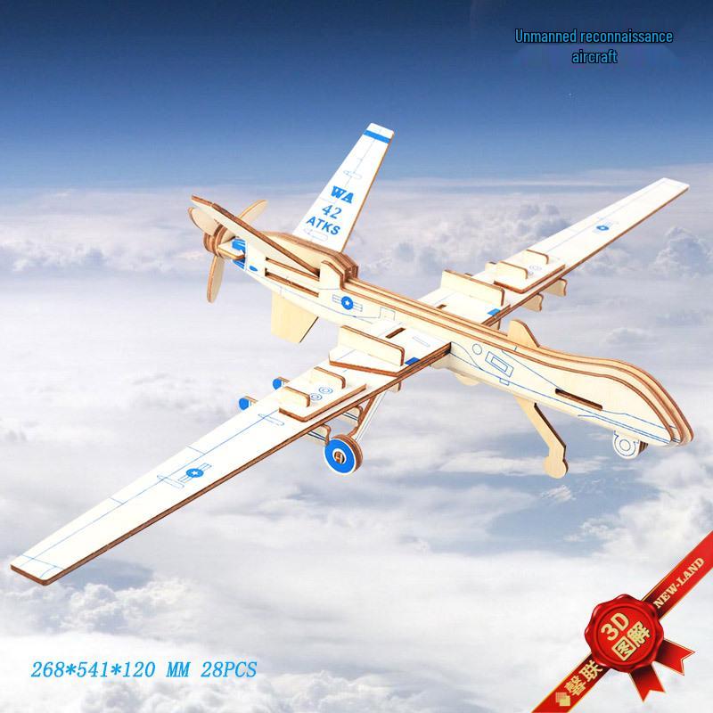 3D Wooden DIY Unmanned Recon Aircraft Model Puzzle - Educational Assembly Toy for Kids