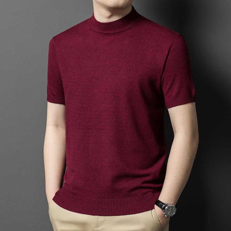 Men's Slim Fit Half-High Neck Wool Blend Knit Shirt - Short Sleeve, Fashionable, Versatile, Business Casual.