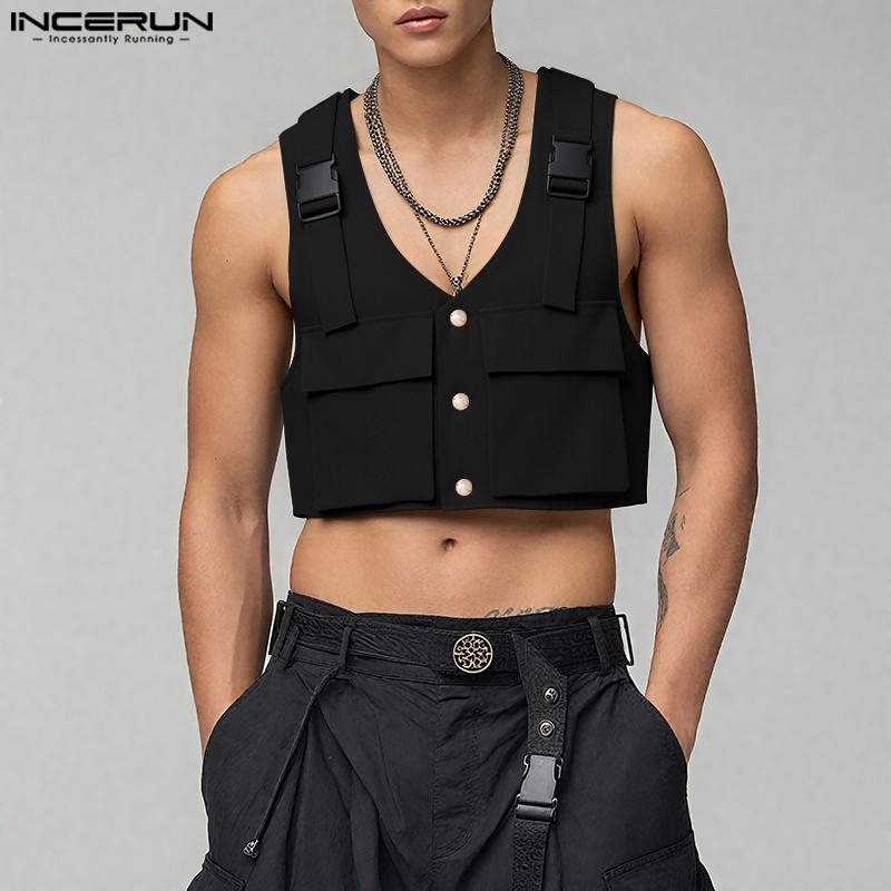 INCERUN Men Sleeveless Casual Loose Cargo Crop Tank Tops Waistcoat