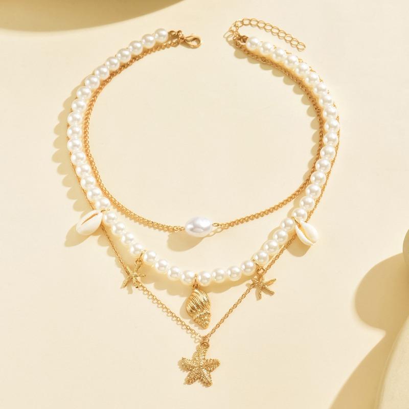 Vintage Ocean Style Beaded Imitation Pearl Starfish Shell Beach Necklace