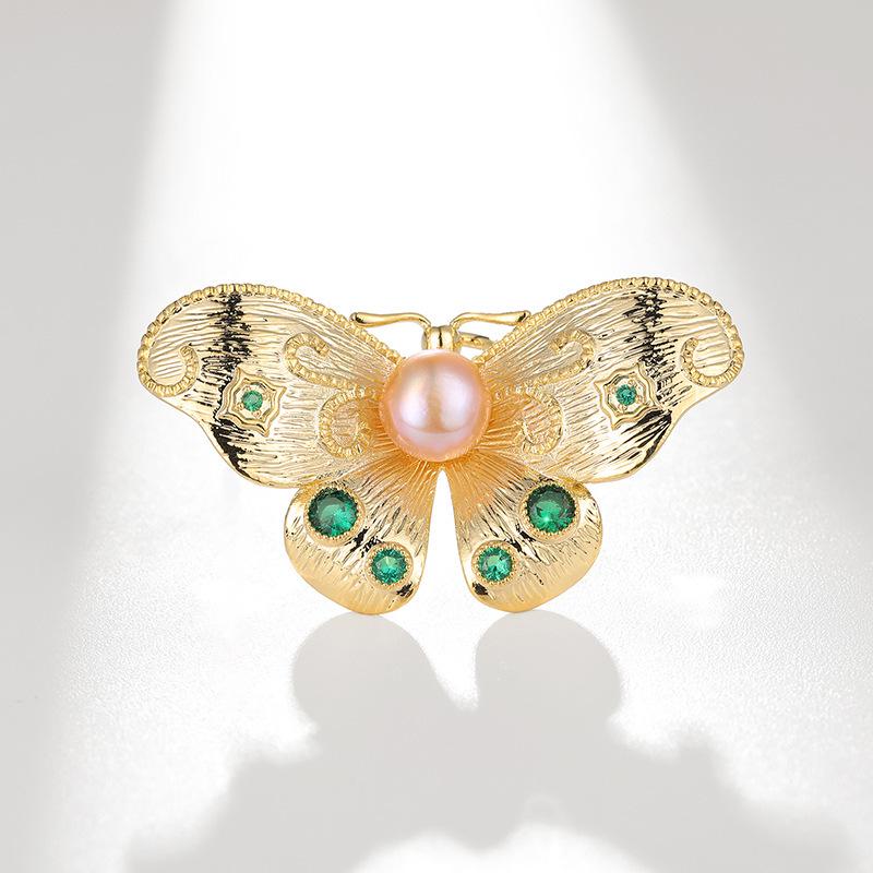 Bo Xin Yun European American Style Butterfly Brooch with Freshwater Pearl and Green Agate