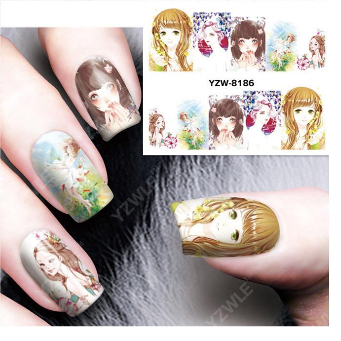 1 Sheet Fashion Women Design Water Transfer Nail Sticker Decal Nail Decorations Painting Portrait Flowers
