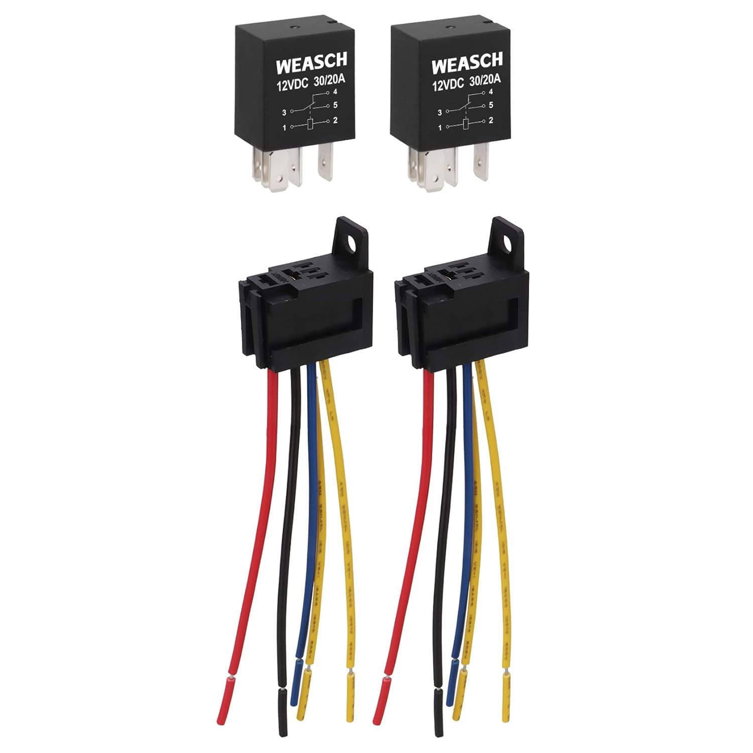 5 Pack Heavy Duty Standard Relay, 12V 30A, 5Pin SPDT, with Wire Socket Plug Harness, Multi-Purpose Replacement Automotive Relay (5) 2