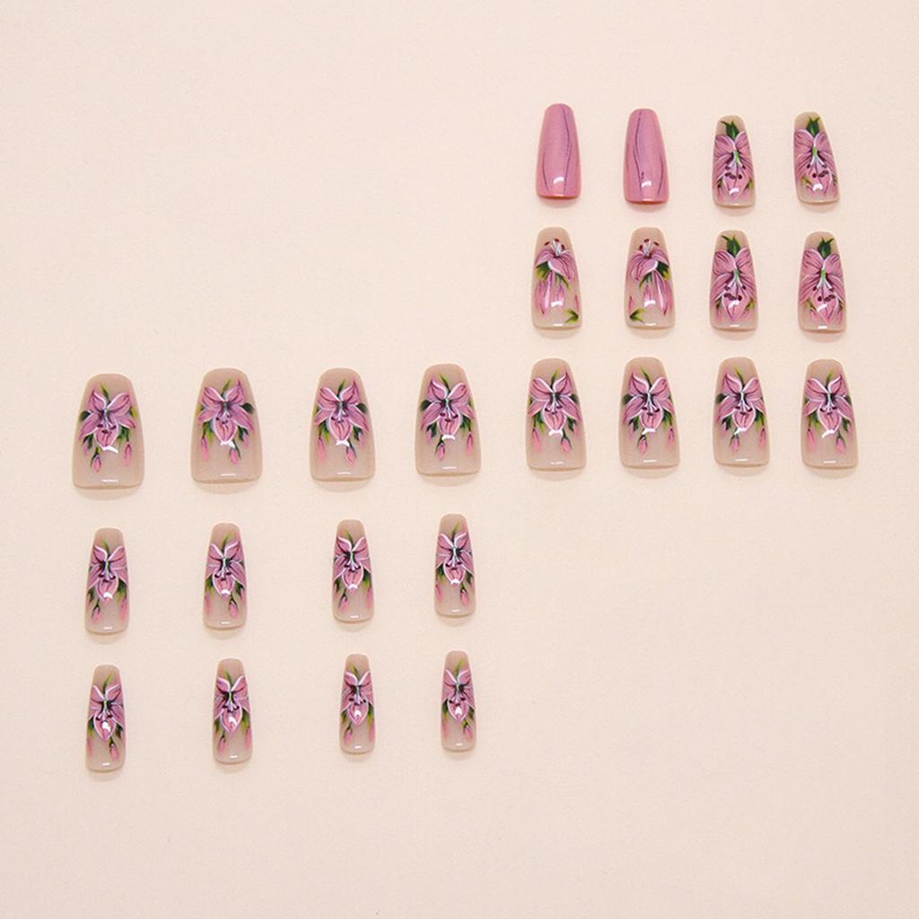 24 st Blommor Press-on Naglar Full Täckning Lösnaglar Floral Nagelkonst Manikyr Glansiga Konstgjorda Naglar Akryl Stick-on Naglar