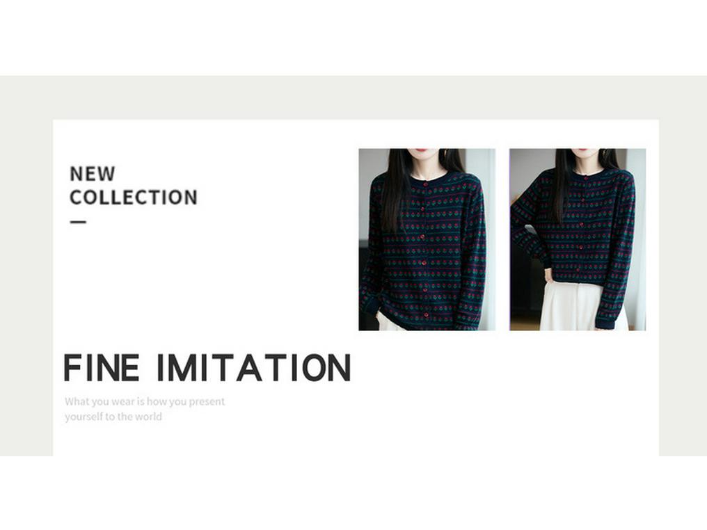 Dámský žakárový barevně blokovaný kardiganový svetr s kulatým výstřihem a dlouhým rukávem na podzim 2025