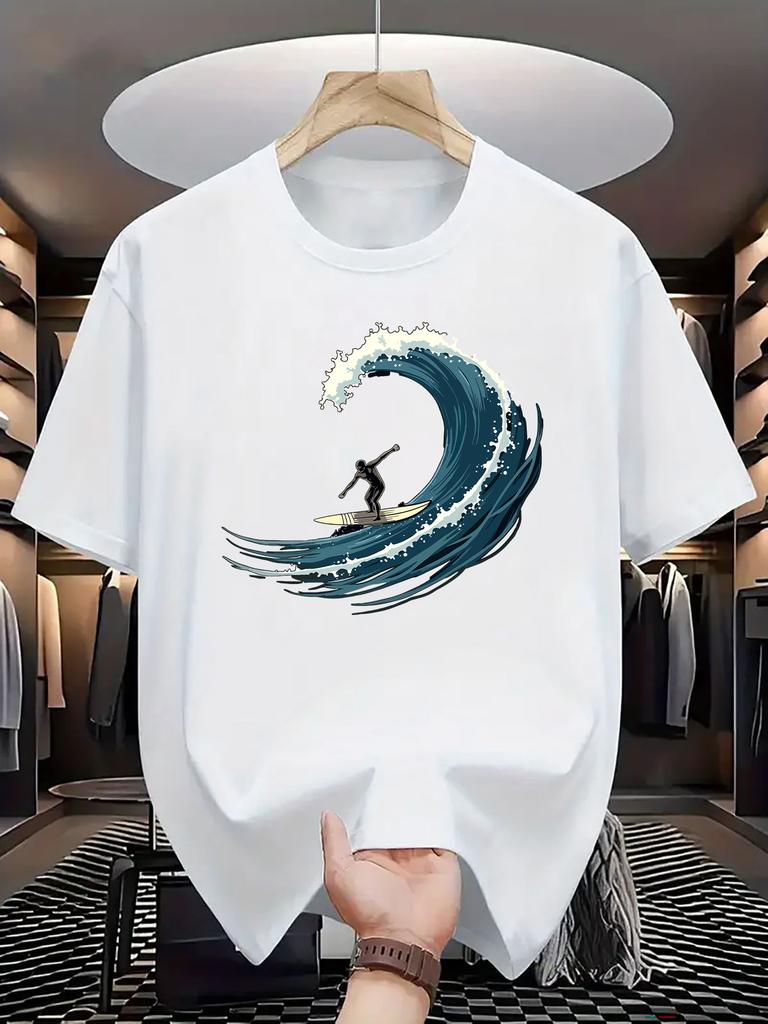 Herren Surf Grafik T-Shirt Blau mit Weißem Welle Surfer Print Design Lässig Rundhals Atmungsaktiv Street Hip Hop Kurzarm