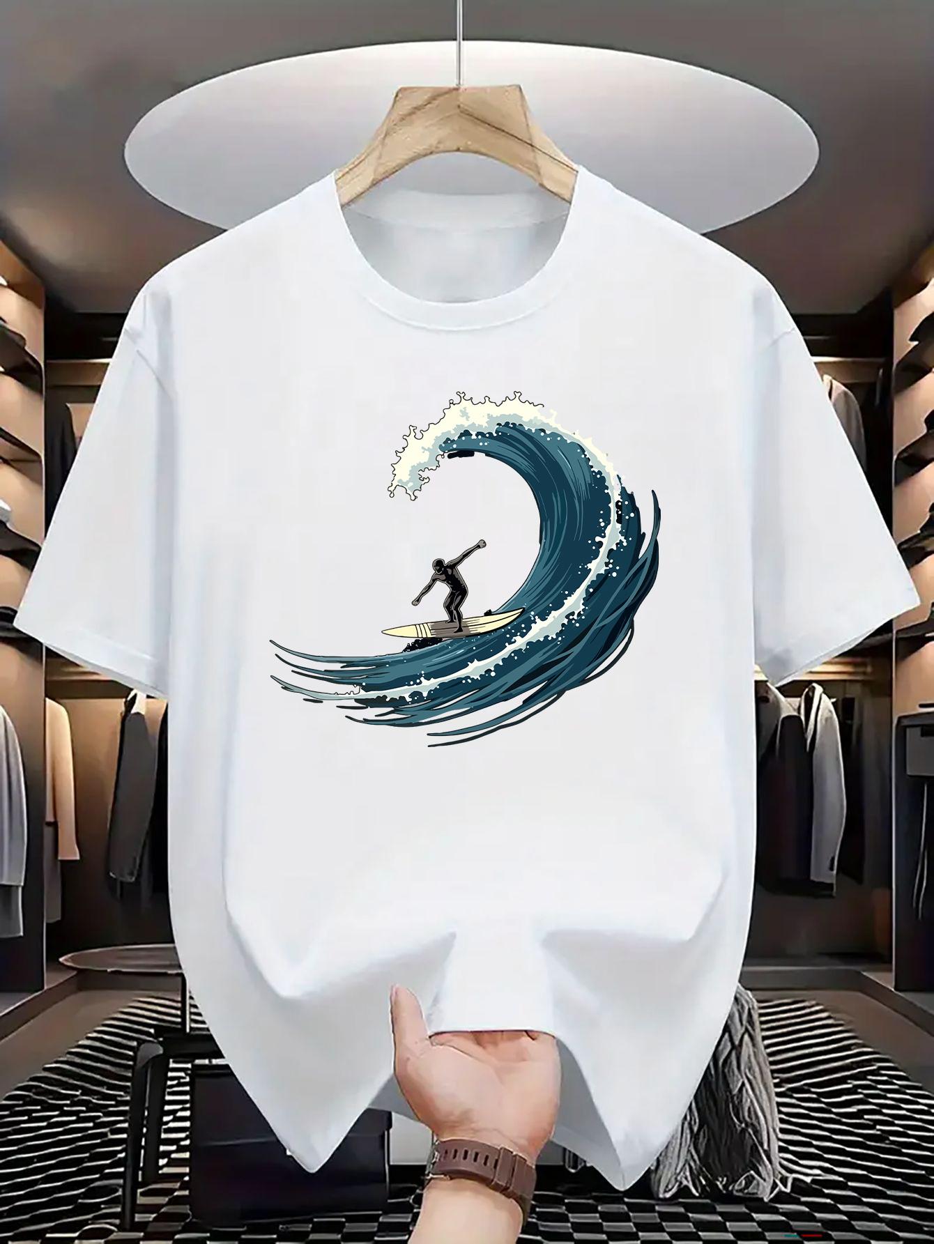 

Men s Surf Graphic T-shirt Blue with White Wave Surfer Print Design Casual Round Neck Breathable Street Hip Hop Short Sleeve S