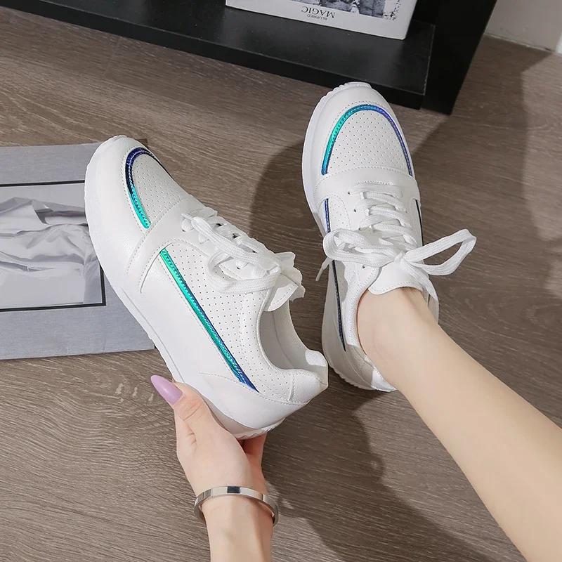 Women Sneakers Fashion Breathble Vulcanized Shoes Pu Leather Platform Shoes White Lace Up Casual Shoes
