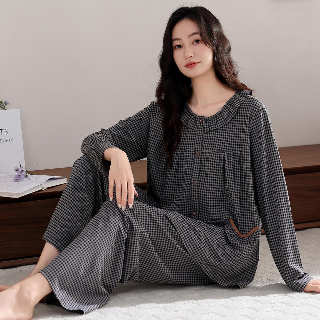 Sweet Princess Style Soft Cotton Pajamas Women's Spring and Autumn New Pullover Plaid Mother Long Sleeve Loose Loungewear