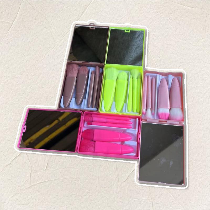 5-Piece Portable Makeup Brush Set with Mirror: Includes Eyeshadow, Loose Powder, Blush, and Concealer Brushes