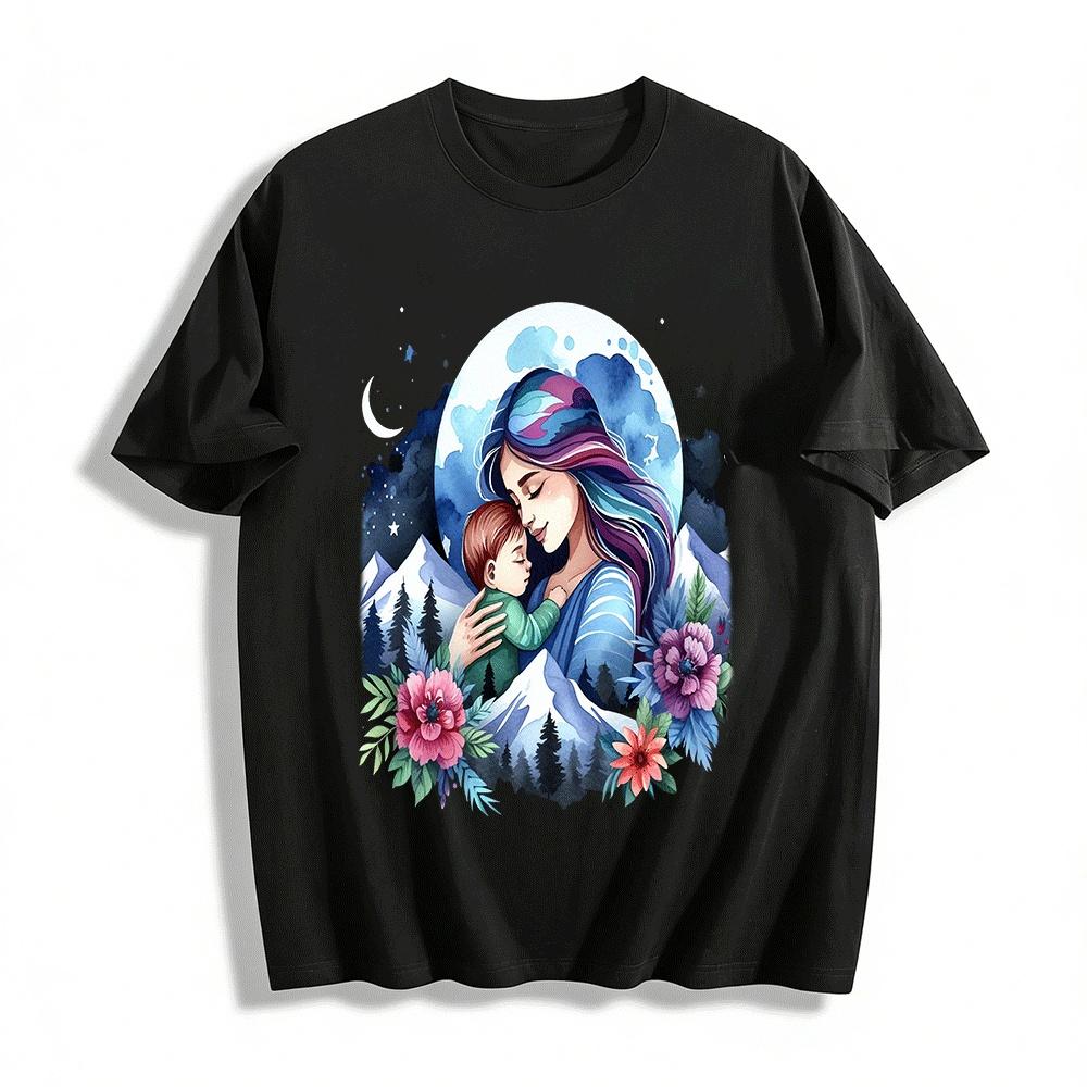 Warm Mother Child Hug Landscape Print Casual Parent-child Top Pure cotton T-shirt XXS
