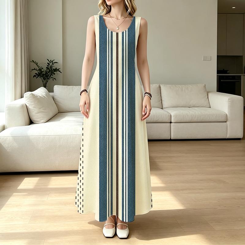 Bohemian A-Line Maxi Dress Sleeveless Striped,Loose & Breathable,Elegant for Beach Vacation,Daily Wear,Travel,Fashion & Versatile