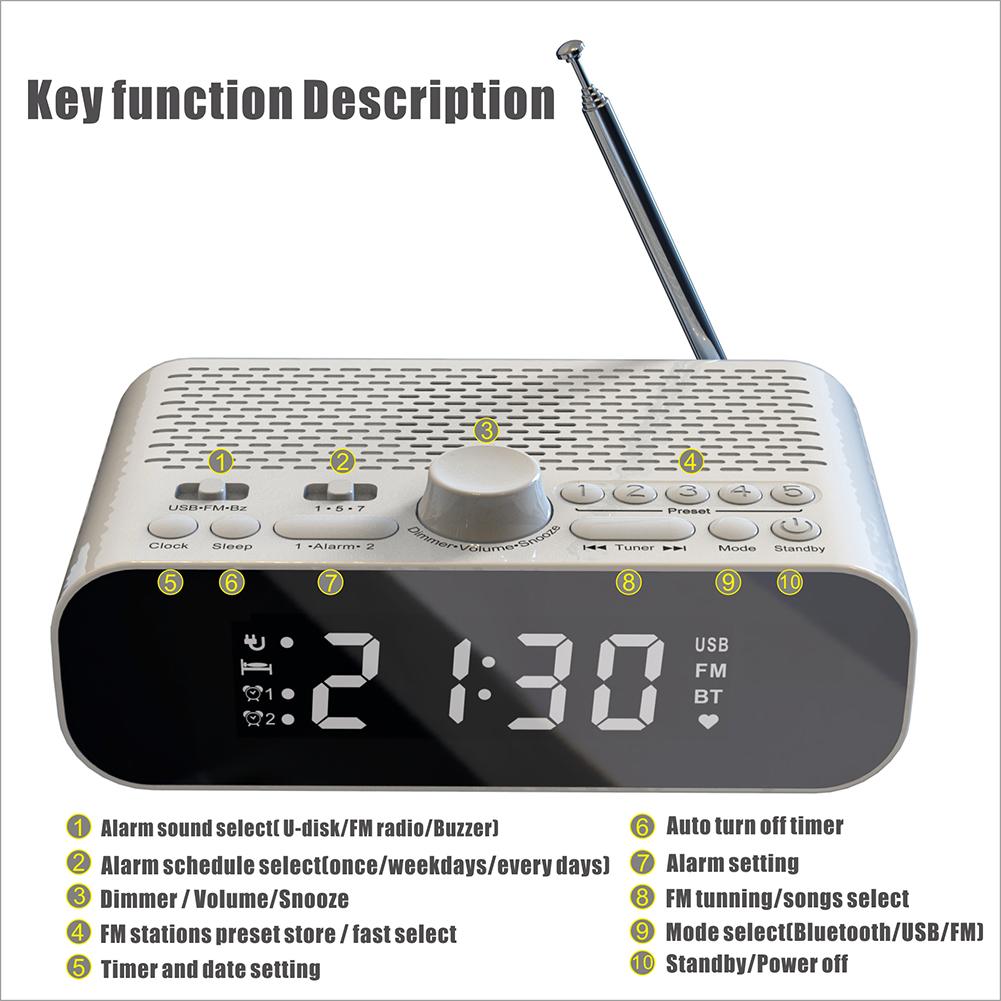 Digital Alarm Clock Radio BT LED Display FM Radio with Auto-Off Timer Digital Radio for Home Bedroom