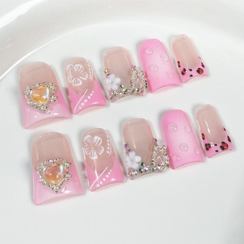 Sweet Girly Press-On Nails With Heart Butterfly Star Motifs Ice-Transparent Blush French Tips Duckbill Short Style