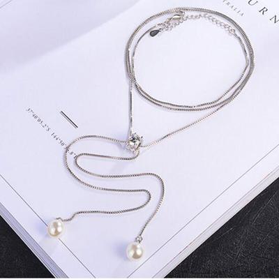 925 Sterlingsilber Glänzender Zirkonkristall Perle Lange Halskette Pulloverkette Anhänger Schmuck Trendy S-N168