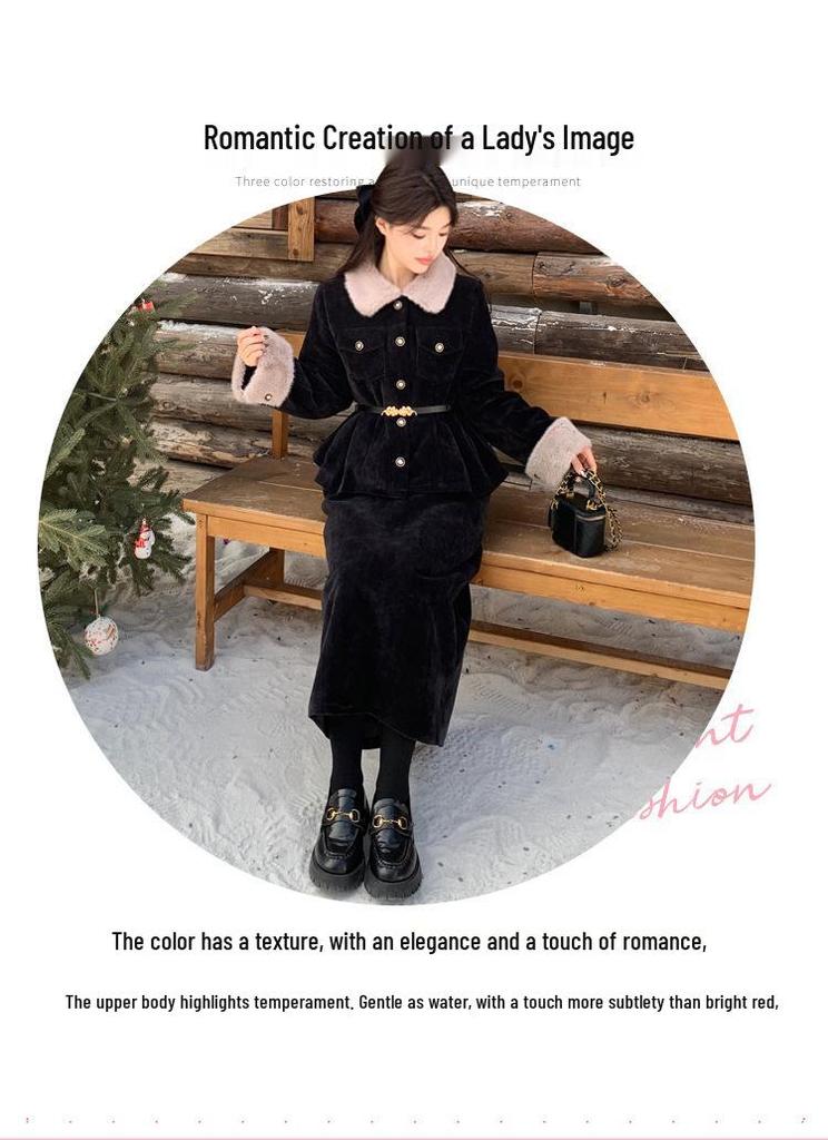2025 Winter Women's Plus Size Slimming Fur Collar Jacket & Belted Skirt Set