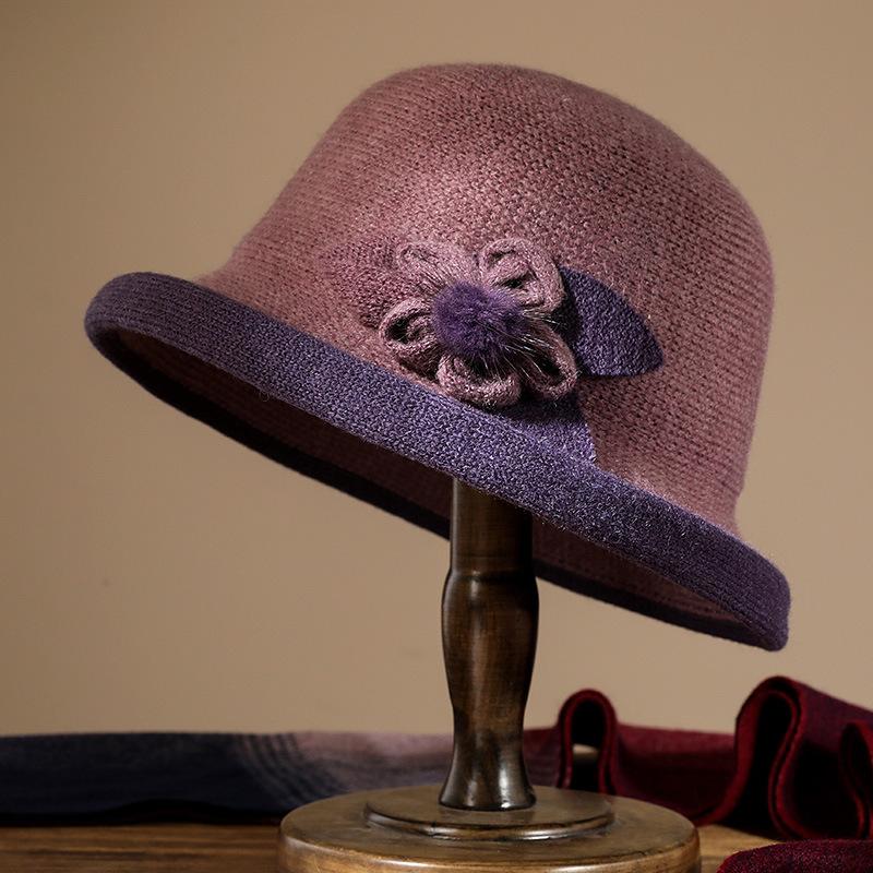 Elderly autumn and winter thermal basin hat fashionable lady mother hat curled granny wool top hat bucket hat