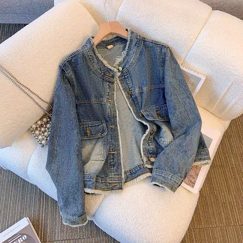 Washed Retro Denim Cropped Jacket with Raw Hem - Petite Loose Fit for Spring & Autumn 2026