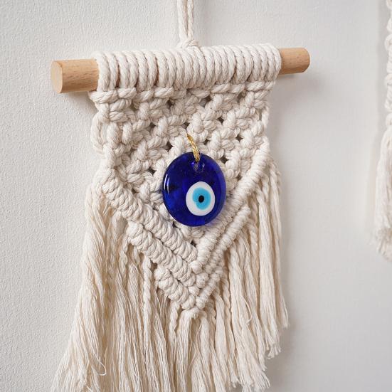 Bohemian Wall Tapestry, Blue Evil Eye Braided Tapestry, Knotted Cotton Rope Tapestry for Home Nursery Bedroom Living Room Wall Decor