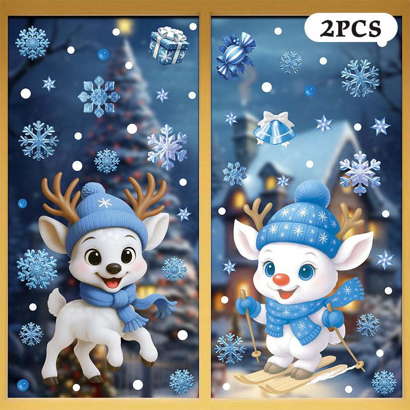 

Синие рождественские наклейки на окна - Набор статических наклеек с колокольчиками, оленями, Сантой, снежинками и снеговиком для праздничного декора A6