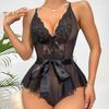Women Bedroom Bodysuit V Neck See-through Lace Patchwork Bow Ruffle Playsuit Off Shoulder Backless Adjustable Spaghetti Strap Nightdress for