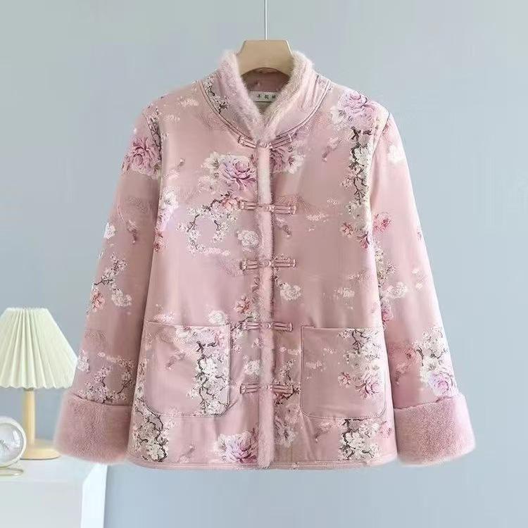 Women's Chinese-Style Fleece-Lined Cotton Jacket: Winter Thickened Retro Outerwear with Frog Buttons
