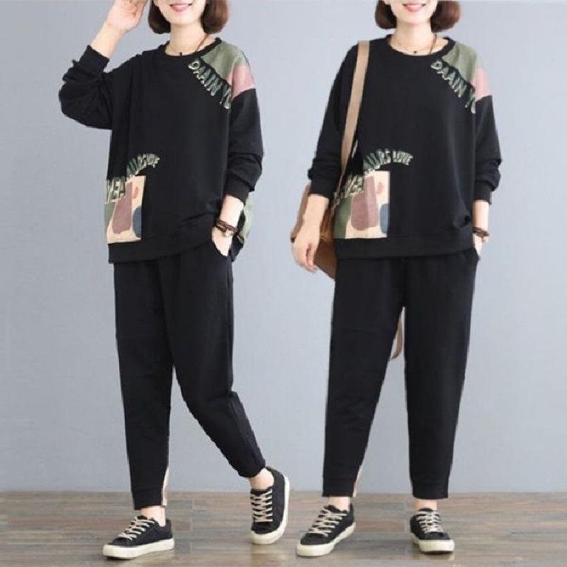 Plus Size Women's Suit Covers Big Belly and Fat Spring and Autumn Fashion Loose Long-sleeved Casual Two-piece Set