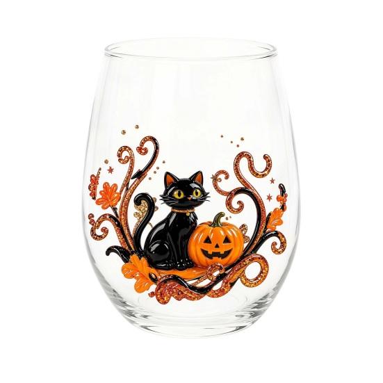 Pumpkin And Ghost Glassware Halloween Theme Glass Tumbler, Black Cat Skull Hand Painted Stemless Egg Shaped Cup, Spooky Lead-free for Party,