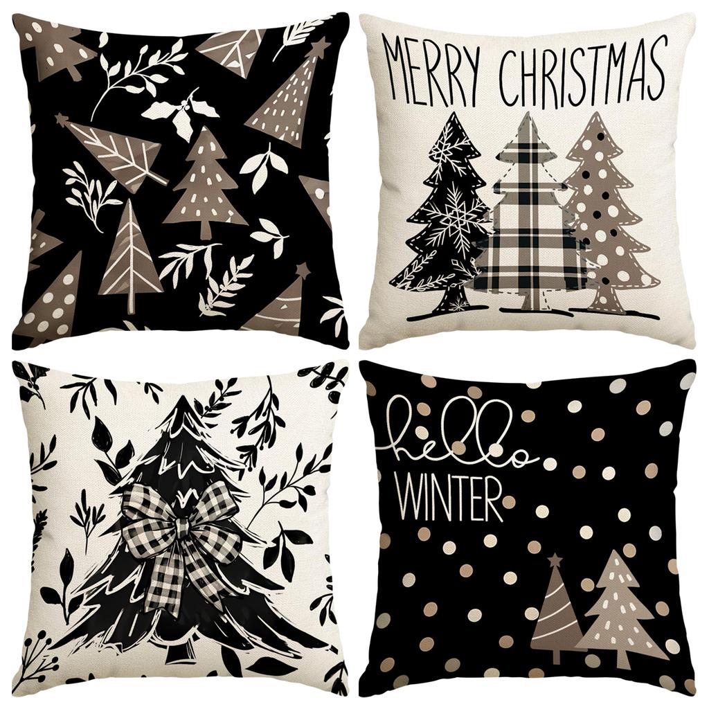 1/4pcs Christmas Black Christmas Tree Pattern Printed Pillow Cover, Decorative Home Sofa, Suitable for Living Room and Room