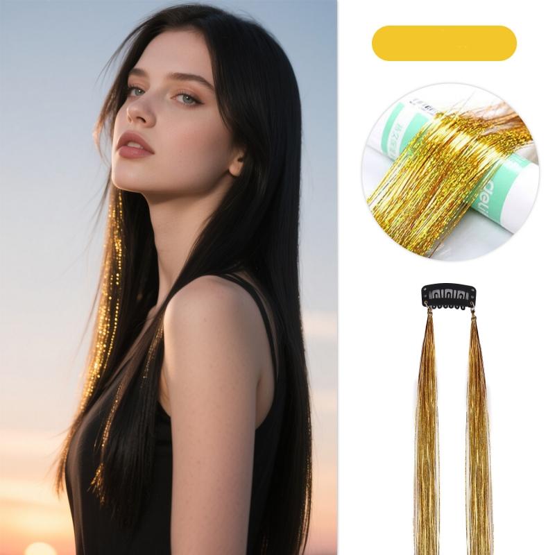 2pcs/set Laser Silk Colorful Hair Piece Extension Colorful Fake Hair Clip in One Piece Hairpiece Colorful Holographic Hair Tinsel Glitter Fairy