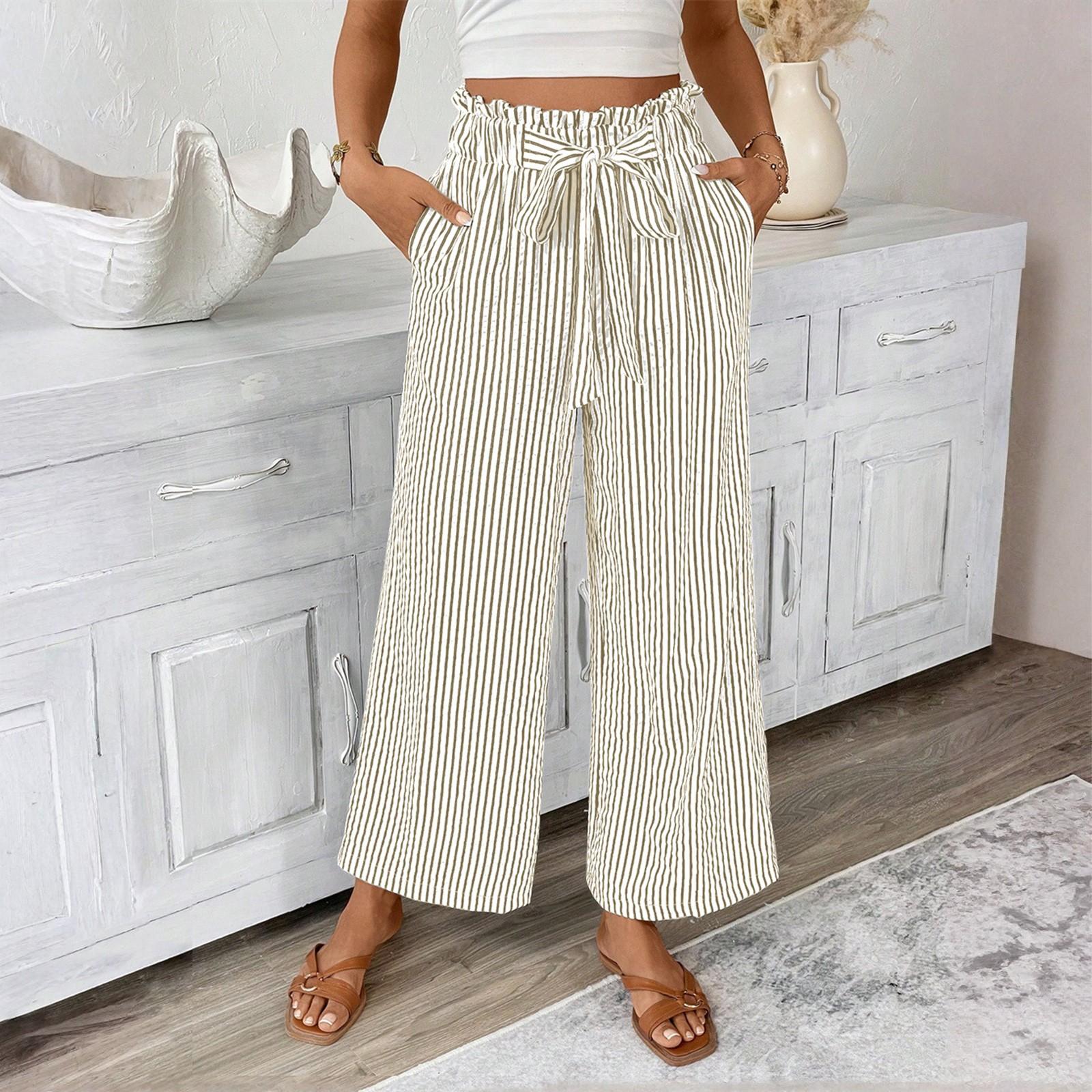 

Women s Fashionable Striped Strap Pocket Elastic Waist Straight Leg Casual Pants M хакі