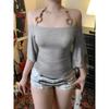 European and American Women's Clothing Guzao Sexy Wooden Bead Halterneck off-Shoulder Batwing Sleeve Tops Retro Waist-Controlled Slim Looking T-shirt