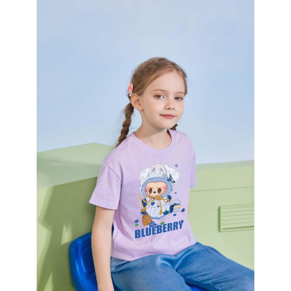 

2025 New Labubu Girls Cartoon Printed T-shirt for Children s Summer Round Neck Short Sleeved Shirt 110